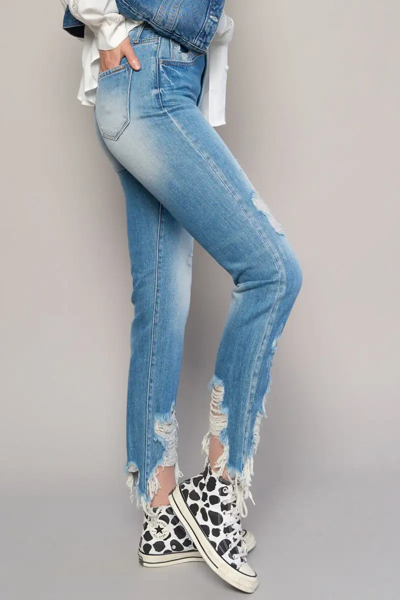 Women's High Rise Frayed Hem Ripped Girlfriend Rigid Denim Jeans