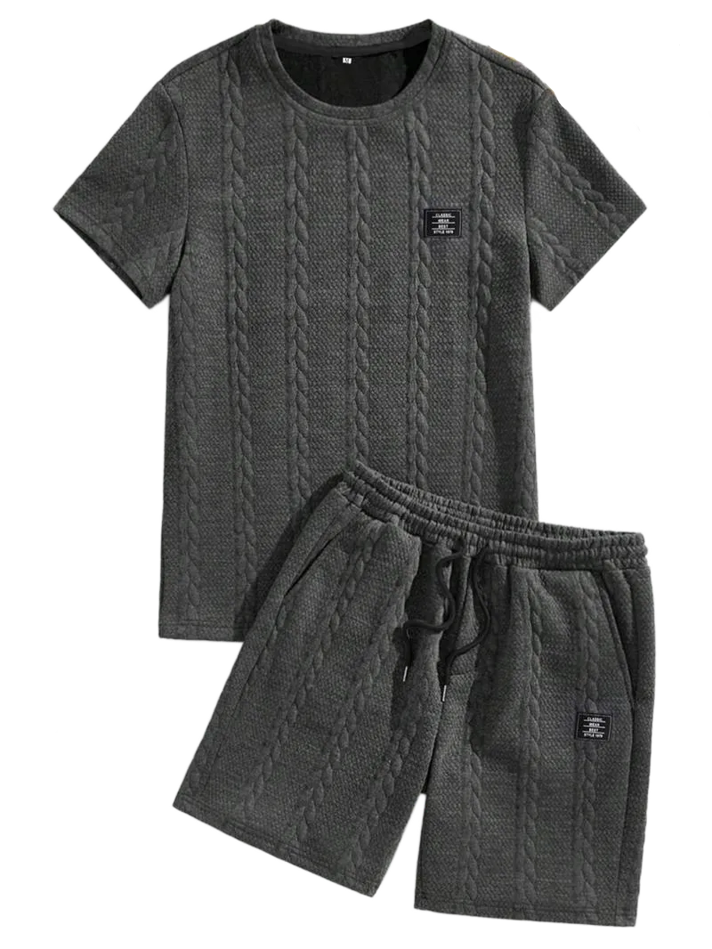 Men's Solid Textured Patched Tee & Drawstring Waist Shorts Set