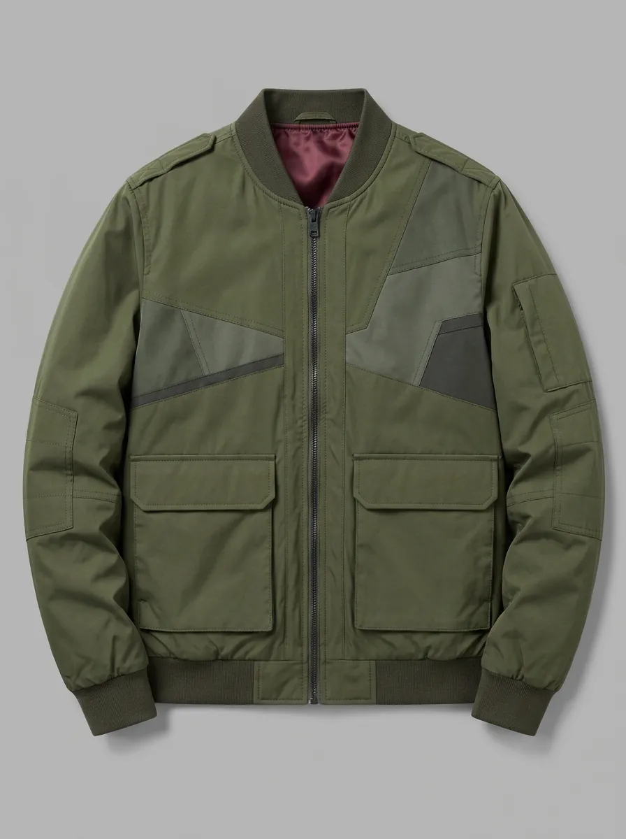 Men's Military Tactical Olive Green Patchwork Bomber Jacket