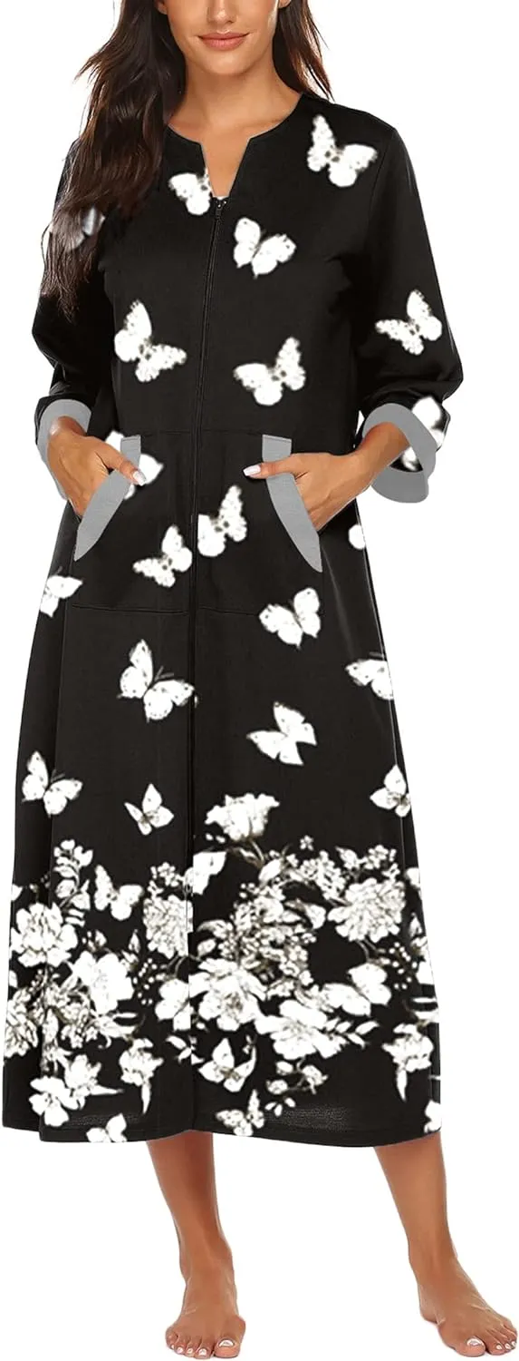 50% OFF Women Zipper Robe 3/4 Sleeves Loungewear Dress Full Length Sleepwear Pockets Housecoat Nightgown Long Bathrobe