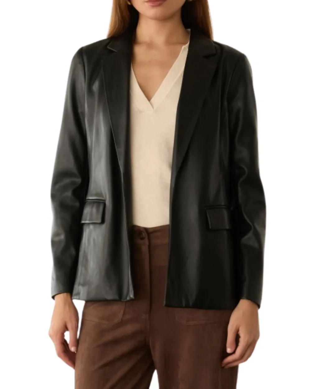 Relaxed Leather Open Front Blazer