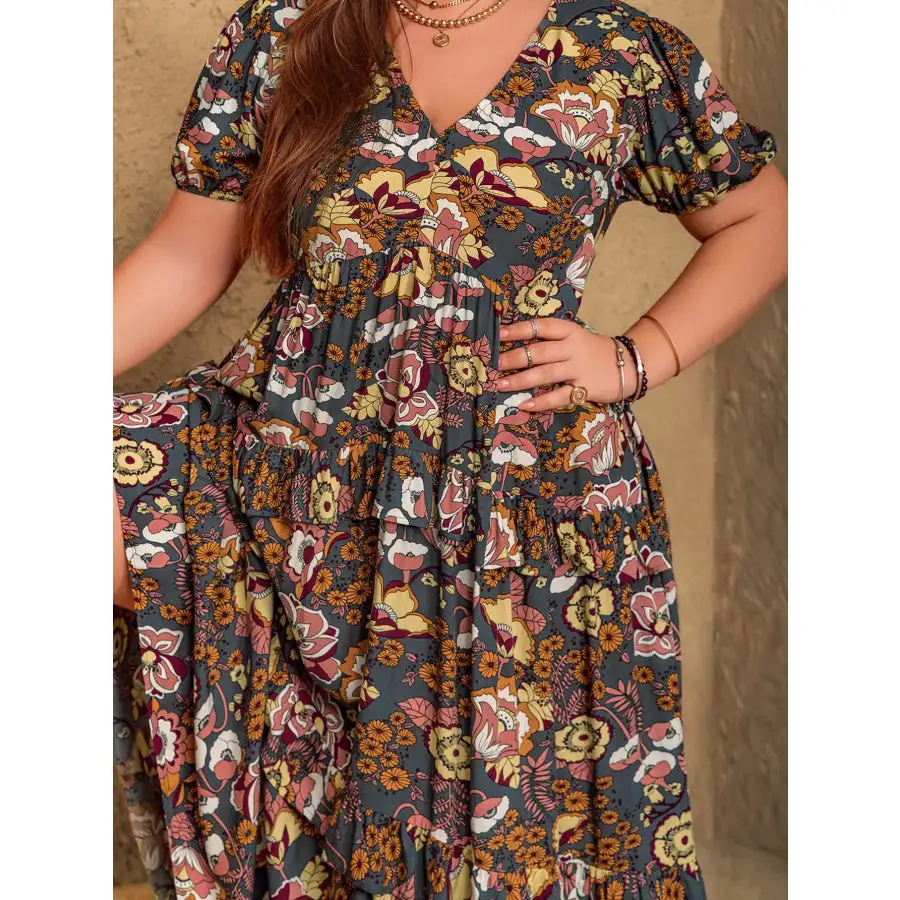 Plus Size V-Neck Short Sleeve Midi Dress