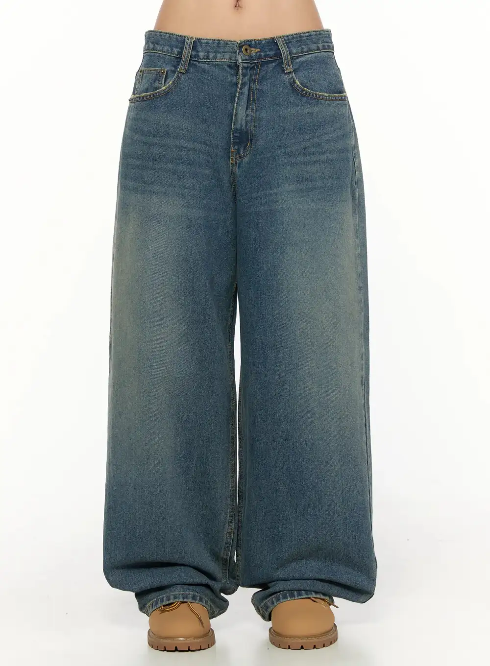 Wide-Fit Stitch-Detail Wide Leg Jeans