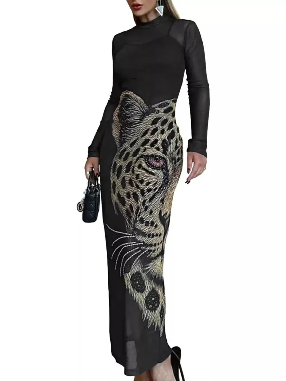 Leopard Print Mesh Long Sleeve Maxi Dress