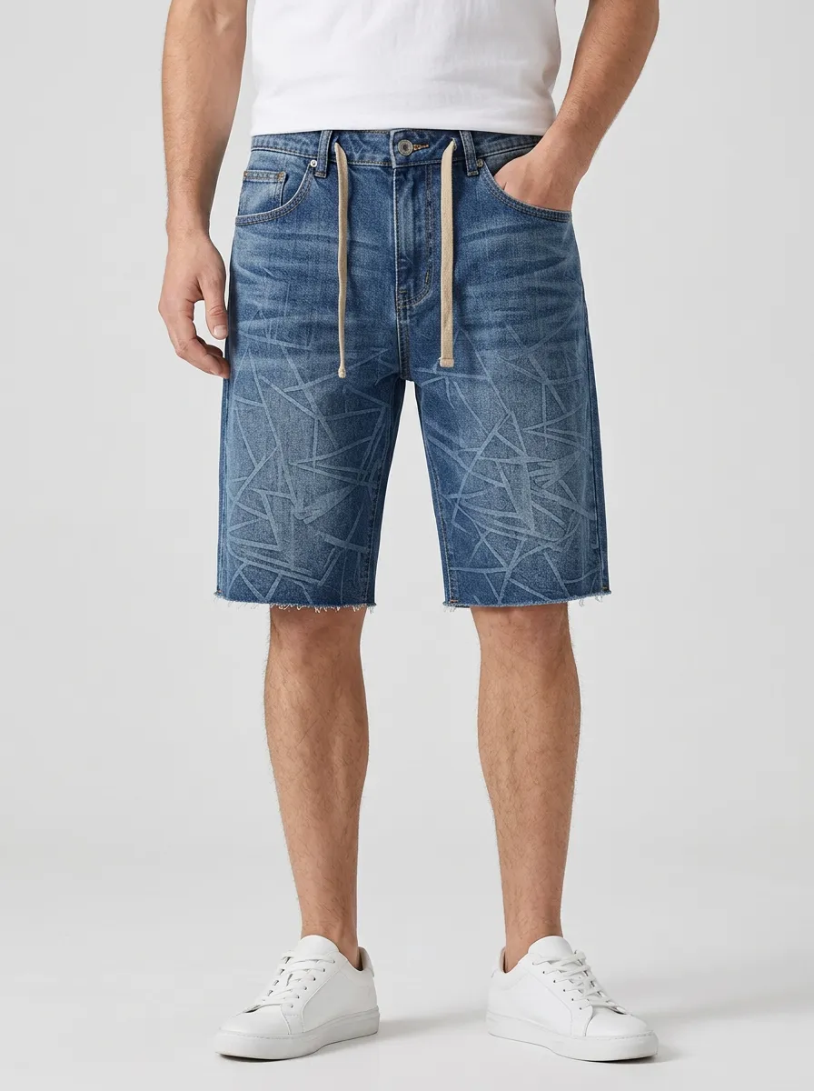 Men's Geometric Raw Hem Distressed Denim Shorts