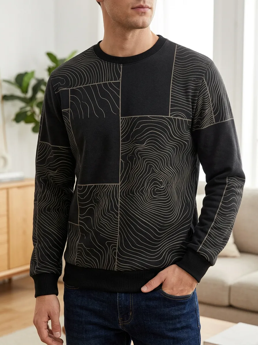 Men's Topographic Print Crewneck Sweatshirt Minimalist