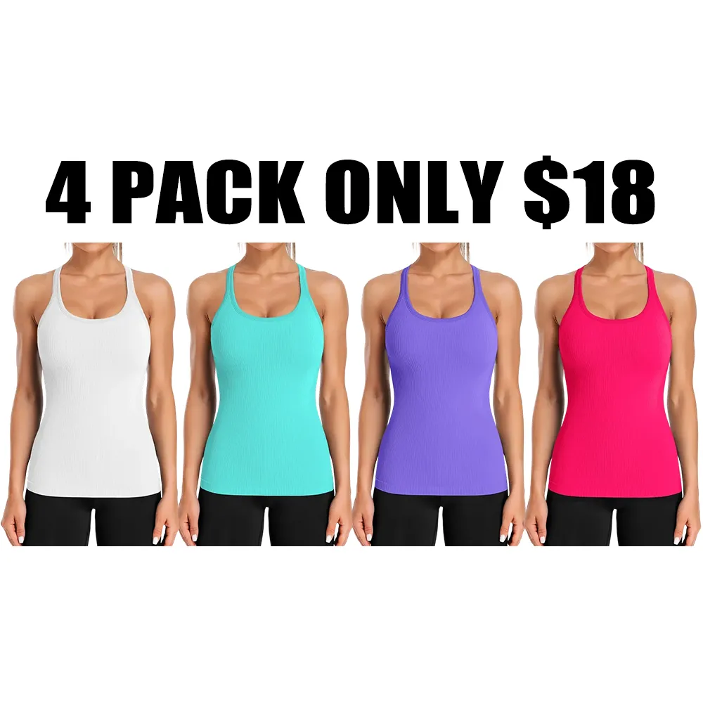 Ribbed Workout Tank Tops for Women with Built in Bra Tight Racerback Scoop Neck Athletic Top