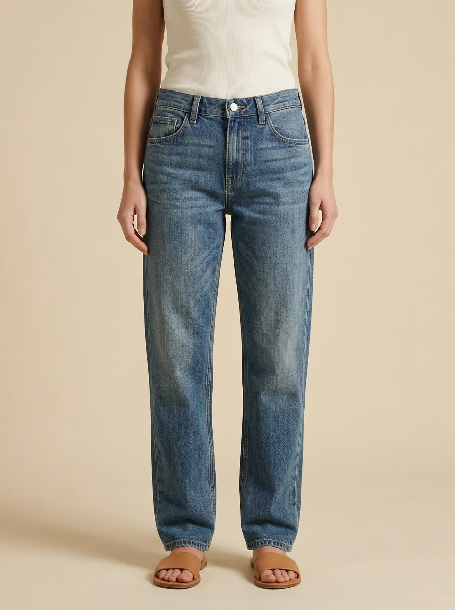 Women's Mid-Rise Whiskered Straight-Leg Denim Jeans