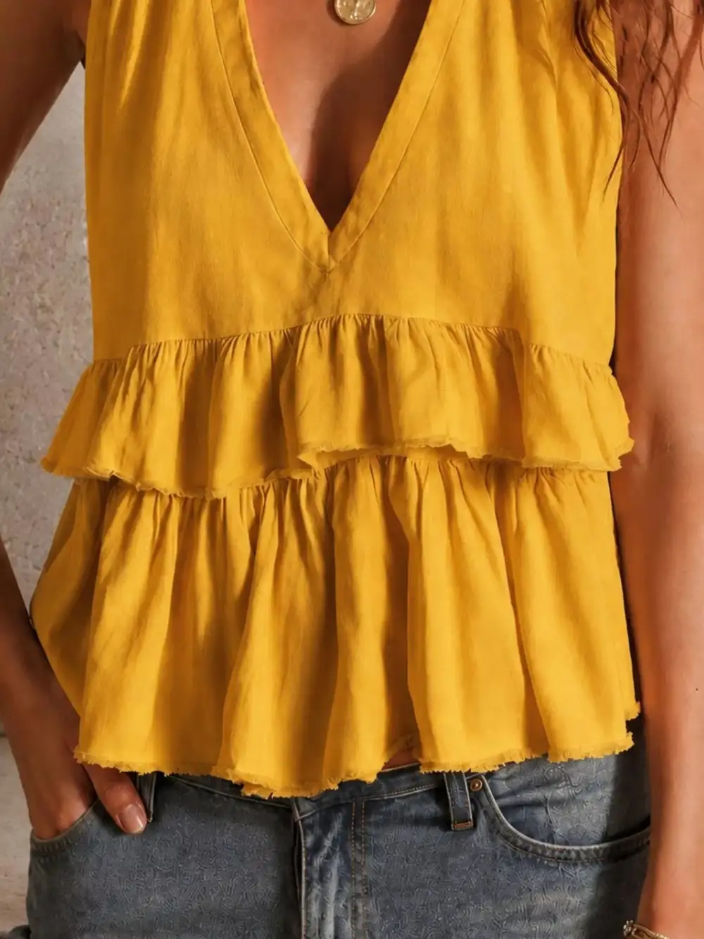 Ruffled V Neck Sleeveless Top