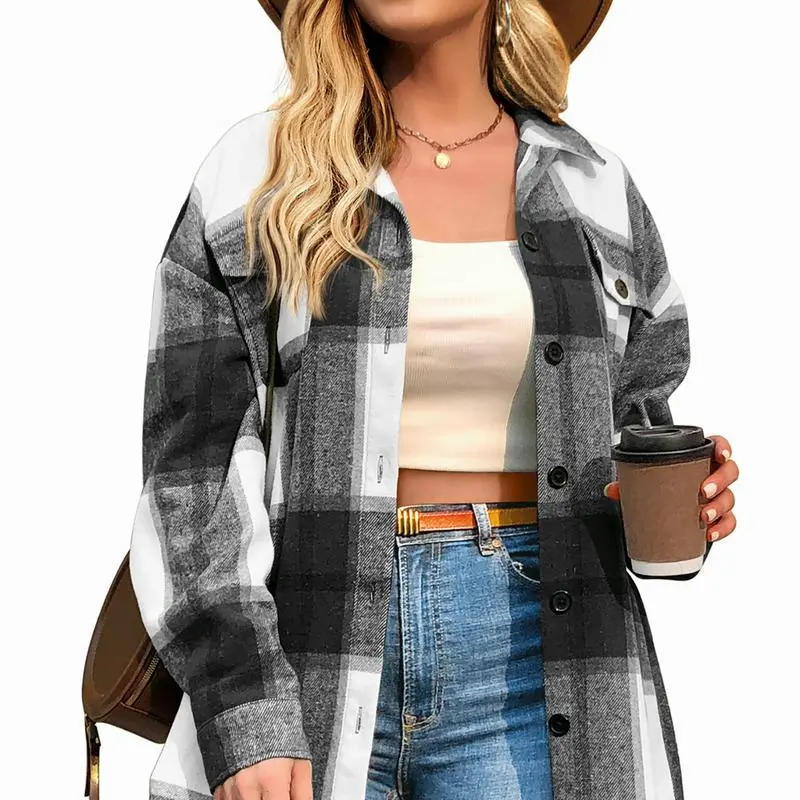 Women's Plus Size Shacket Jacket Flannel Plaid Long Sleeve Button Down Shirts Casual Fall Blouses Tops Winter Coats Winter Holiday
