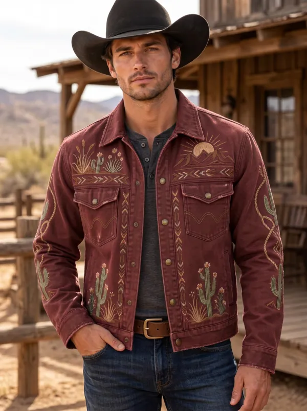 Men's Western Cowboy Cactus Desert Mountain Embroidered Jacket