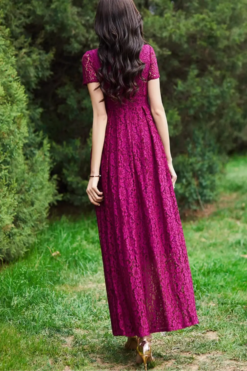 Polyester Lapel Collar Short Sleeve Maxi Dress