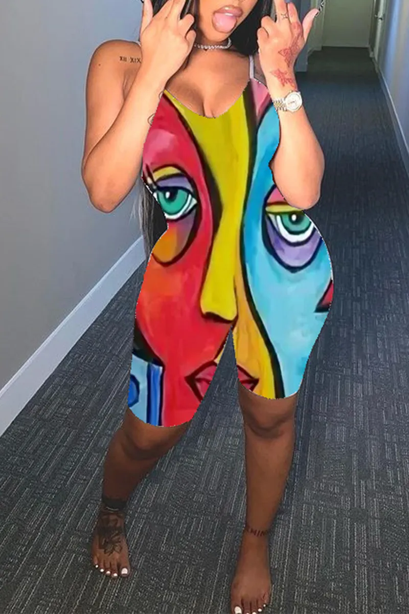 Sexy Print Split Joint V Neck Skinny Jumpsuits