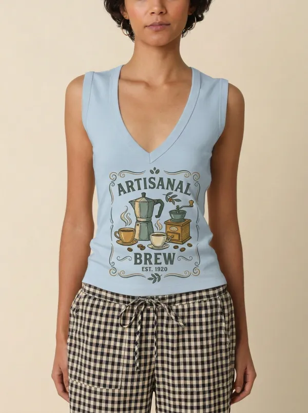 Women's Coffee Lover Artisanal Brew Moka Pot Printed Tank Top