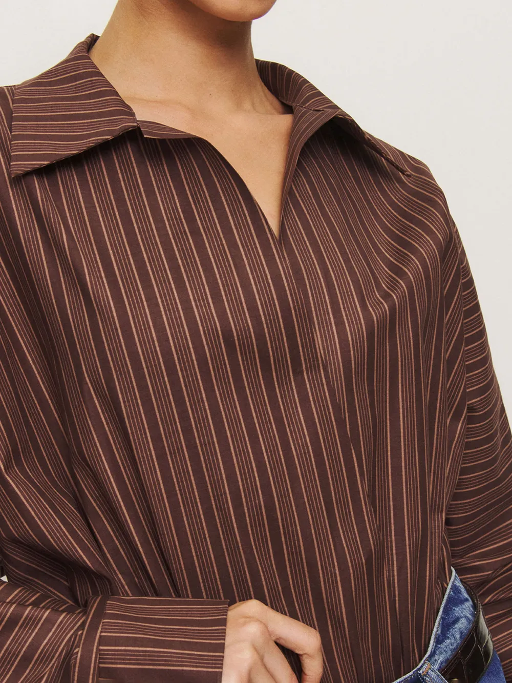 Pinstripe Collared Long Sleeve Blouse