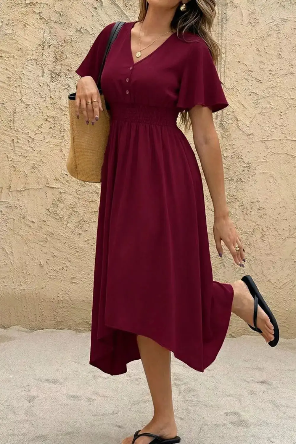 V Neck Flutter Sleeve Midi Dress