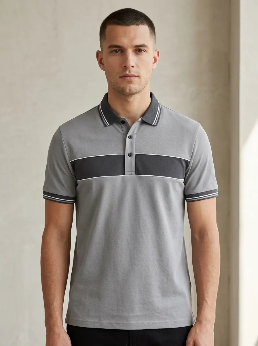 Men's Sport Gray Colorblock Stripe Polo Shirt