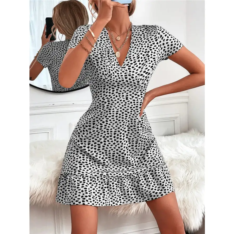 Ruffled Hem V-Neck Short Sleeve Mini Dress