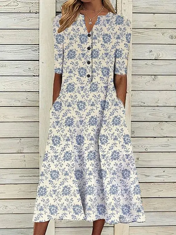 Clarbel Chic Floral Print V Neck Midi Dress