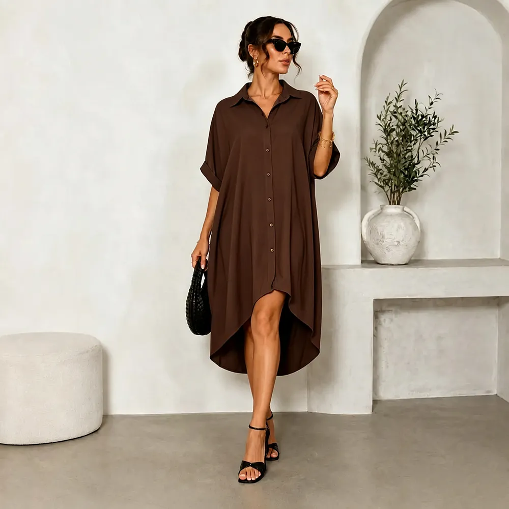 Women Turn-Down Collar Button Up Shirt Dress
