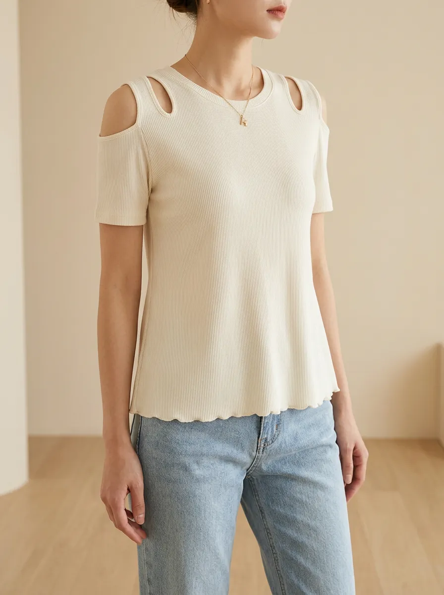 Women's Casual Ribbed Cold Shoulder Cutout Short Sleeve Top