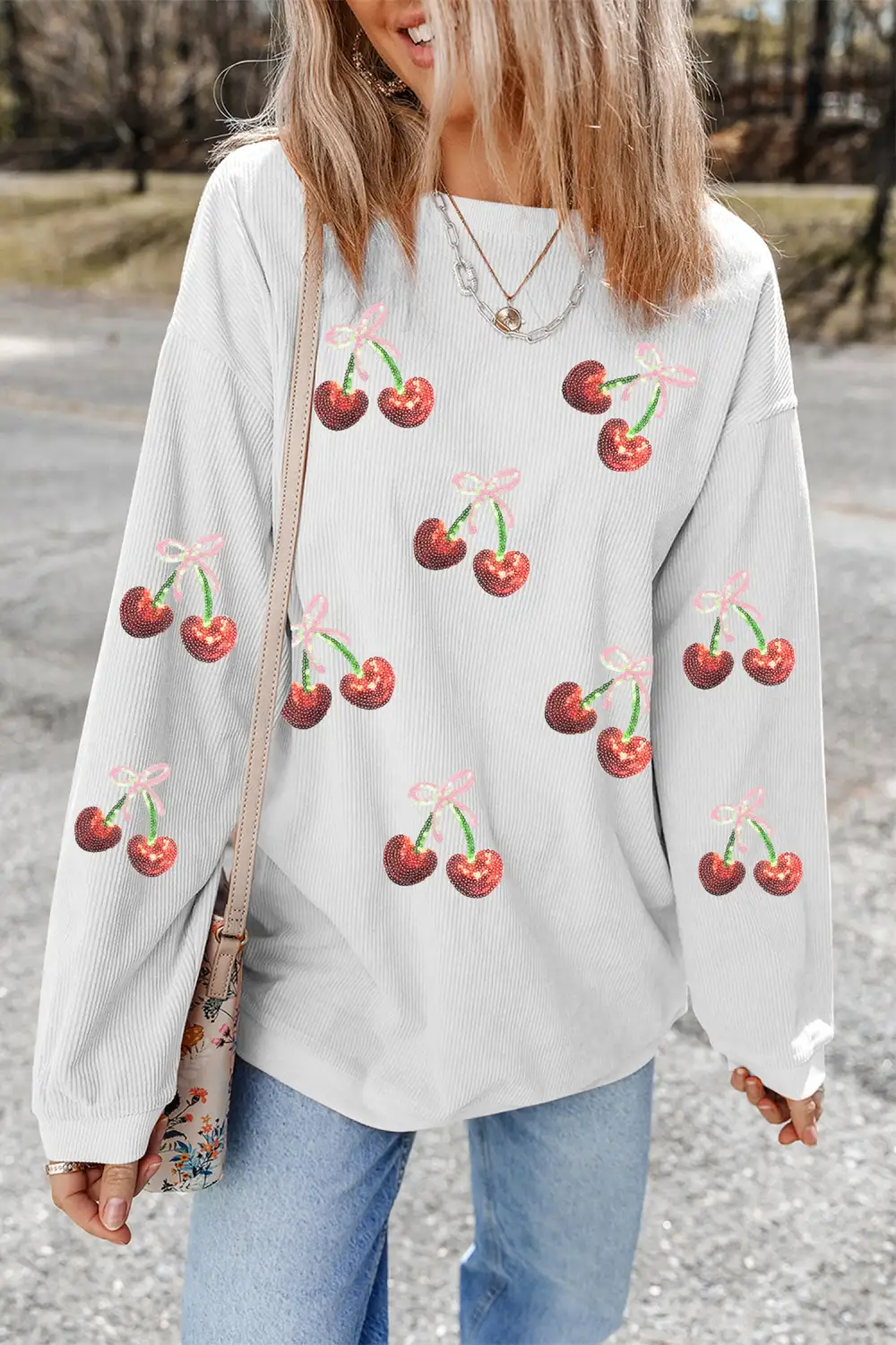 Bow Accent Sequin Accent Patchwork Sweatshirt
