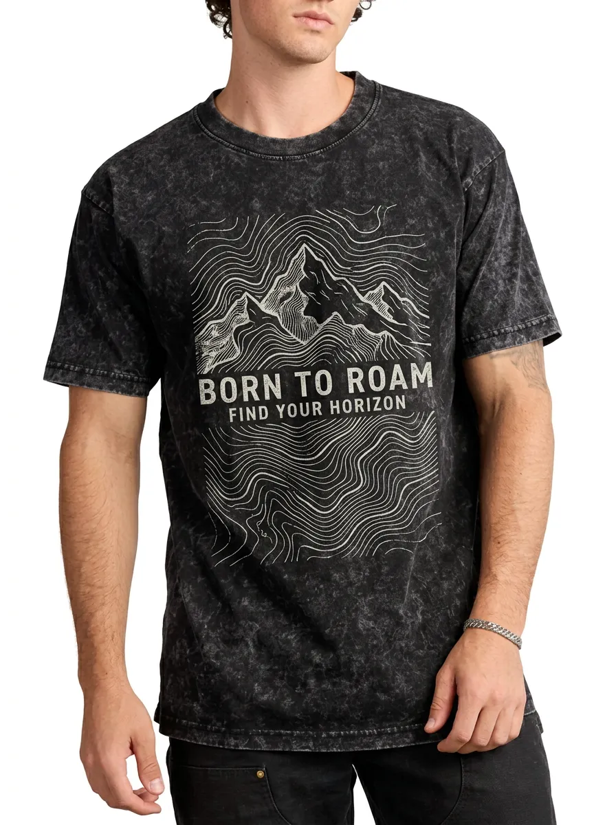 Men's Mineral Wash Summit Route Outdoor Adventure Born To Roam Mountain Topographic Graphic T-Shirt