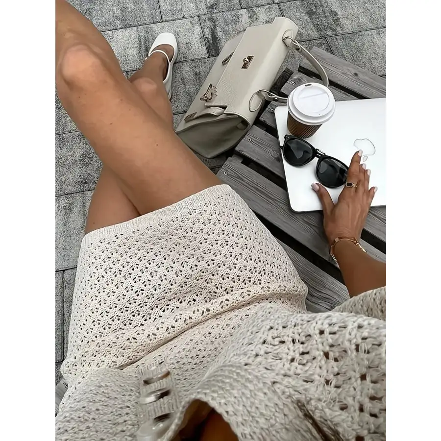 Openwork Button Up Top and Skirt Sweater Set