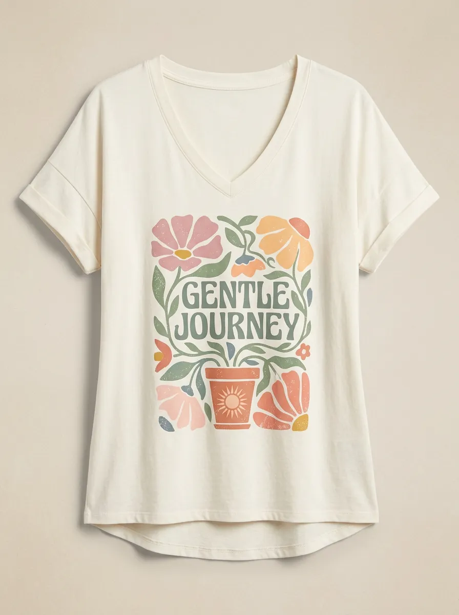Women's Gentle Journey Floral Potted Plant Print V-Neck T-Shirt