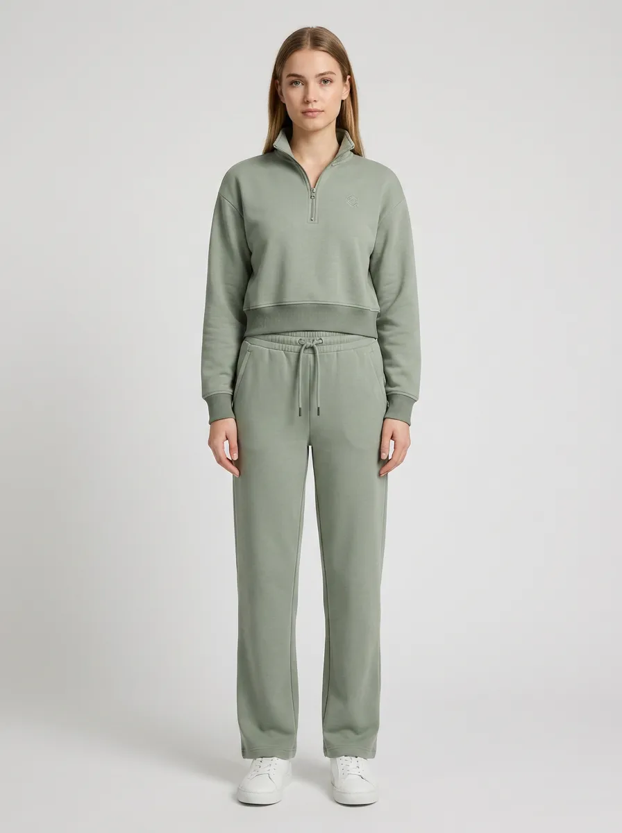 Women's Sage Green Quarter Zip Crop Sweatshirt and Jogger Lounge Set