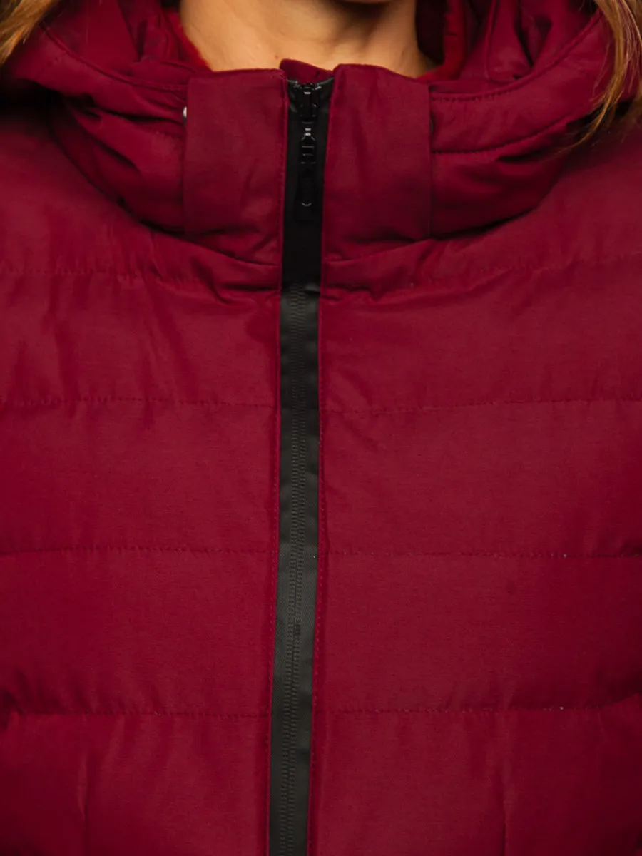 Wine Women's Quilted Winter Jacket With Hood