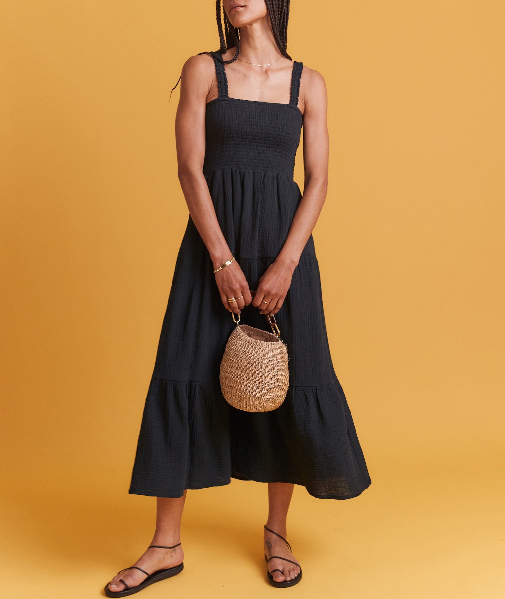Black Strappy Smocked Maxi Dress