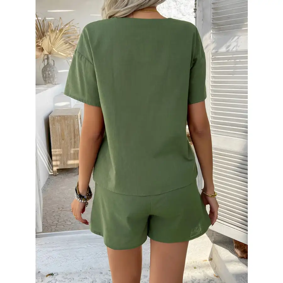 Tied V Neck Short Sleeve Top and Shorts Set