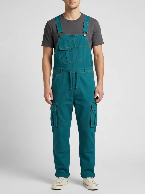 Men's Military Olive Green Drawstring-Waist Cargo Overalls