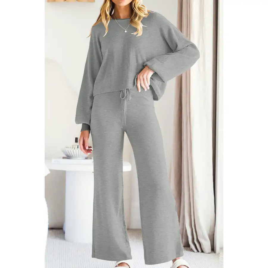 Casual Round Neck Long Sleeve Top and Pants Set