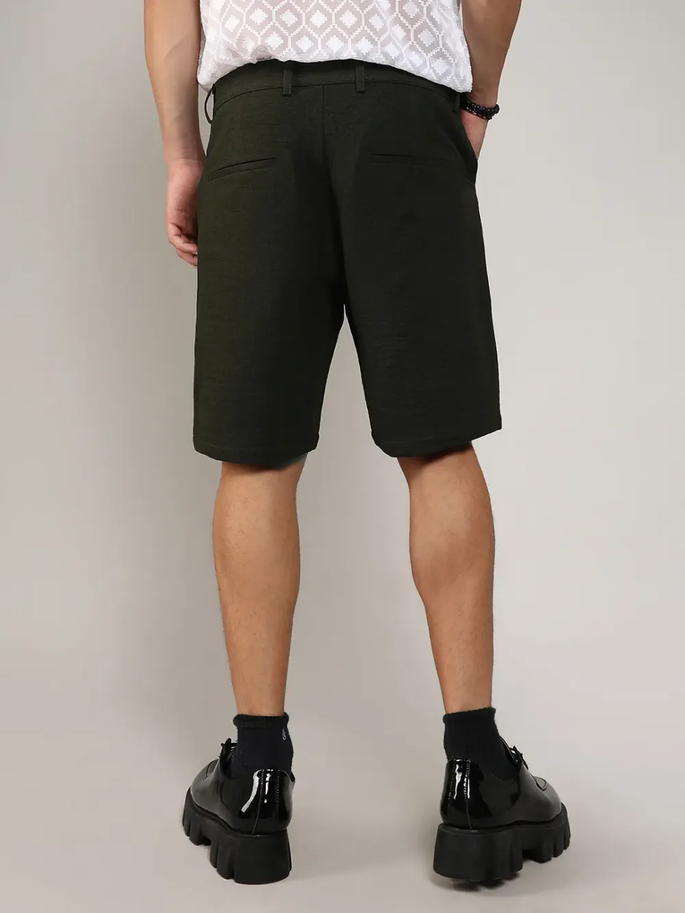 Green Casual Style Poly-Linen Shorts