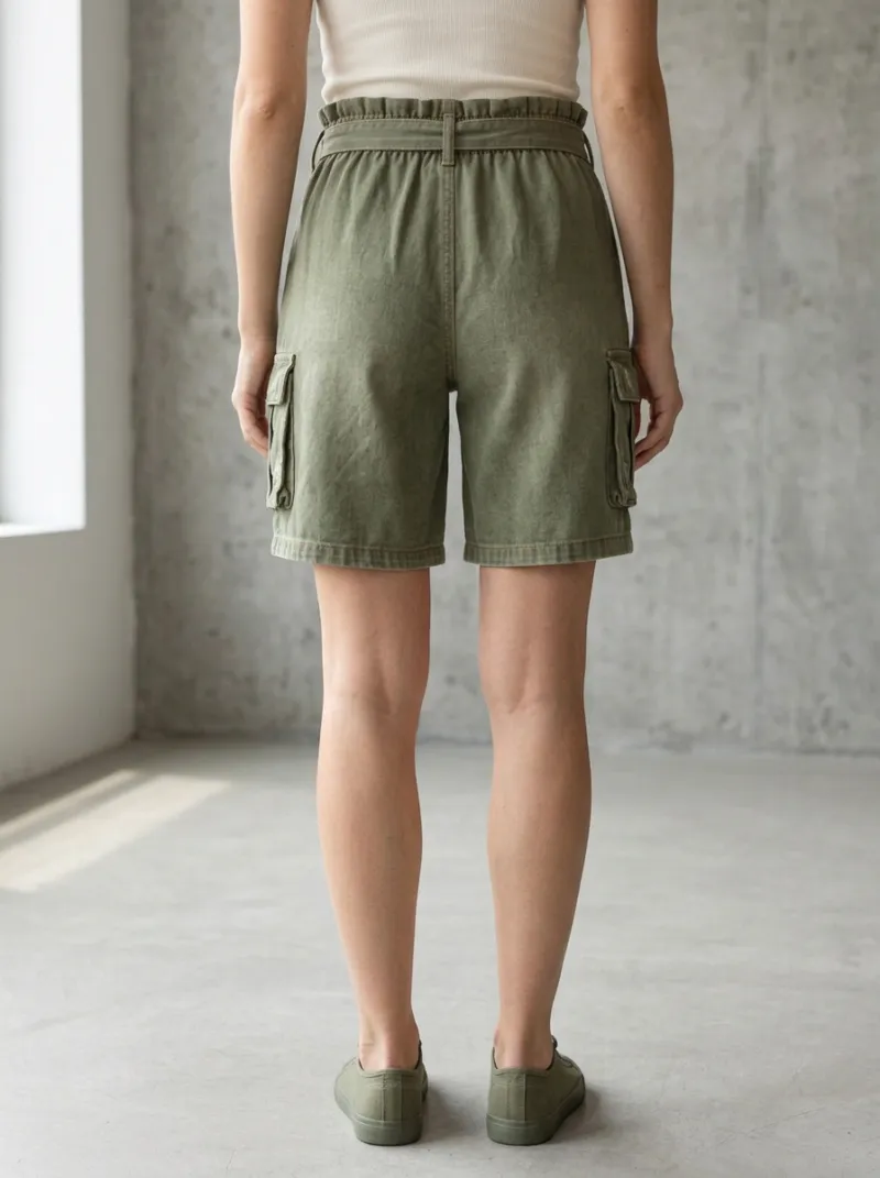 Women's Olive Green Cargo High-Waisted Belted Denim Shorts