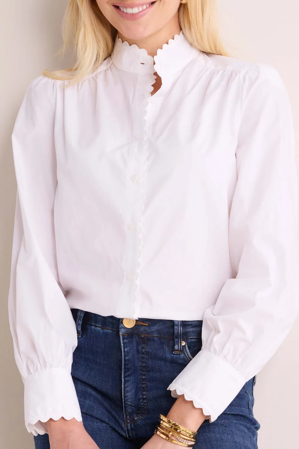 White Scallop Collar Long Sleeve Button-Front Blouse