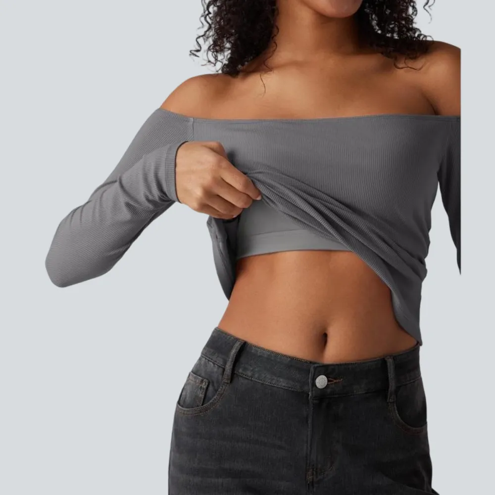 Ribbed Knit Off Shoulder Long Sleeve 2-in-1 Casual Top