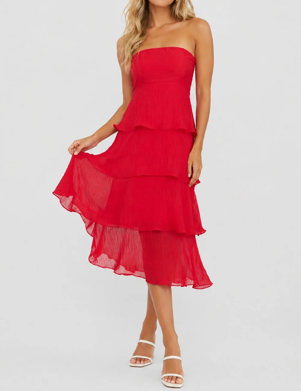 Chic Crinkle Strapless Tiered Ruffle Tube Midi Dress