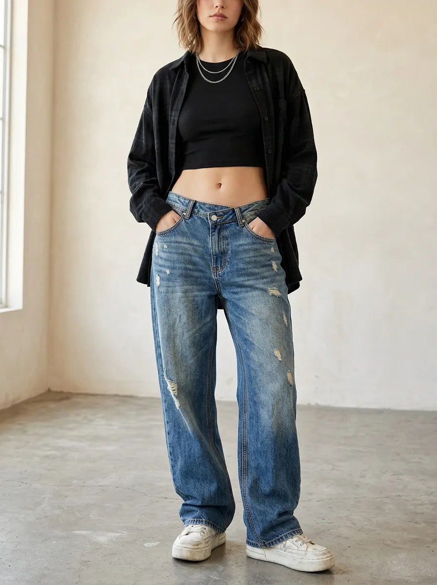 Women's Casual Streetwear Distressed Blue Denim Wide Leg Pants