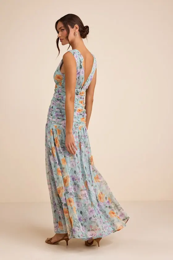 Melisandre Light Blue Floral Drop Waist Maxi Dress