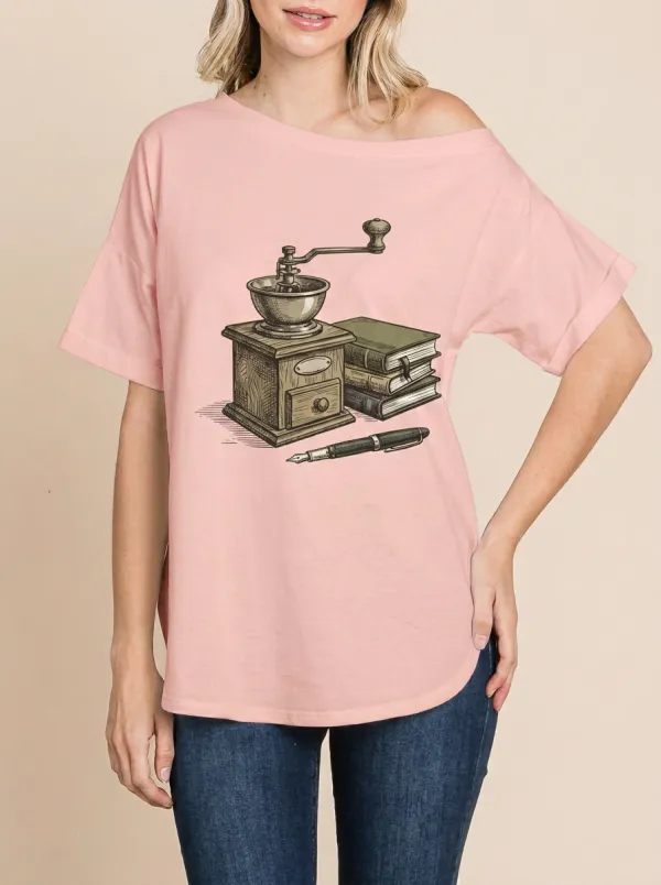 Women's Coffee Vintage Grinder Books Pen Graphic Off-Shoulder T-Shirt