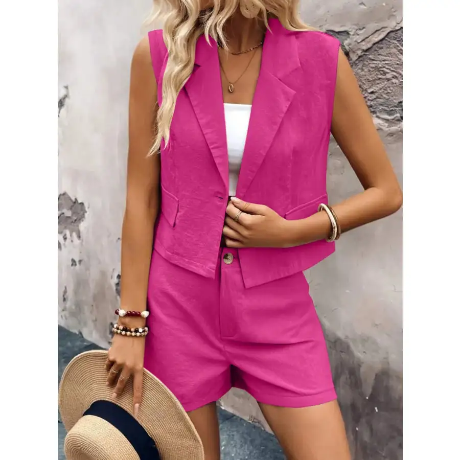 One Button Sleeveless Top and Shorts Set