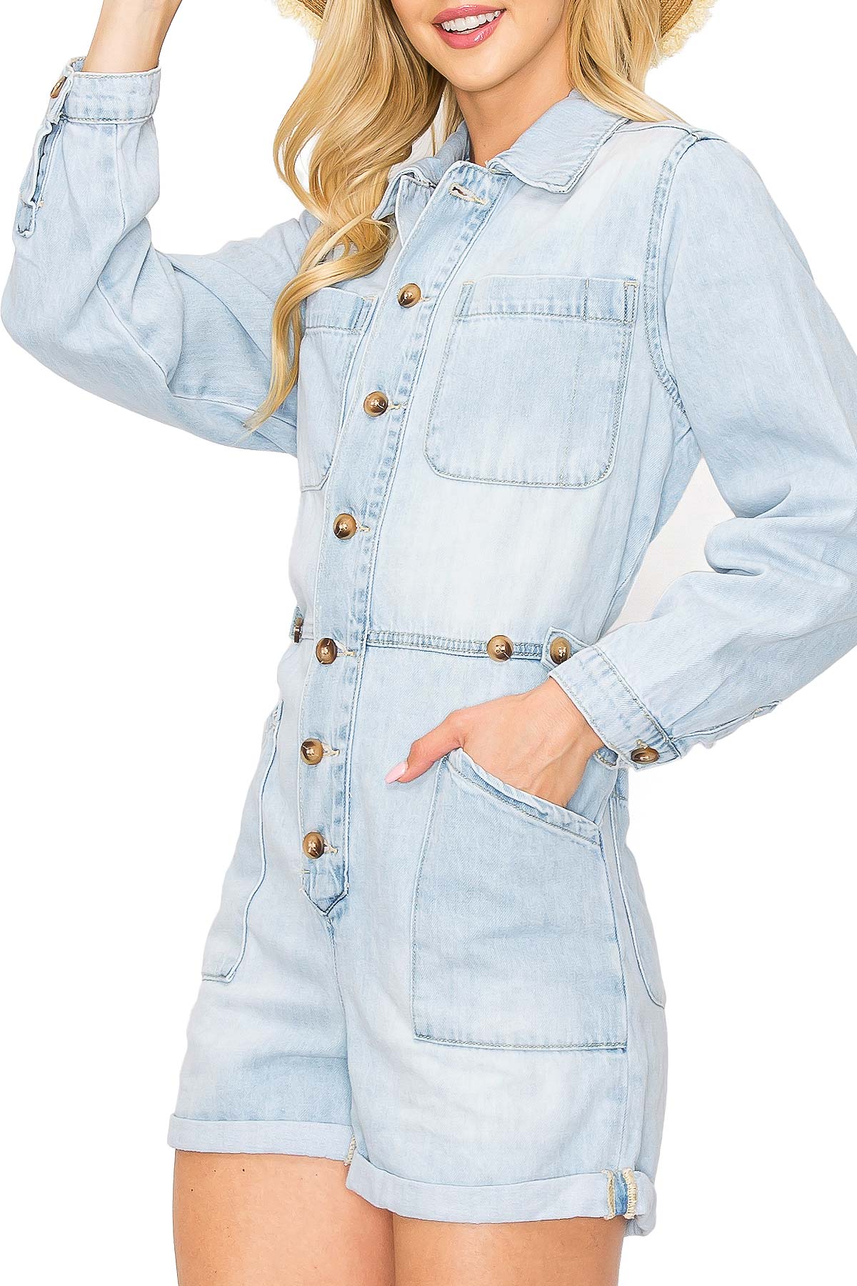 Light Blue Denim Button - Front Romper