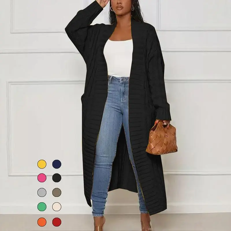 Women'S Solid Color Textured Drop Shoulder Pocket Longline Cardigan, Casual Open Front Long Sleeve Knitwear For Fall & Winter, Women'S Knit Clothing For Daily Wear, Lady Baggy Cardigans For Women, Womenswear, Casual Knit Top