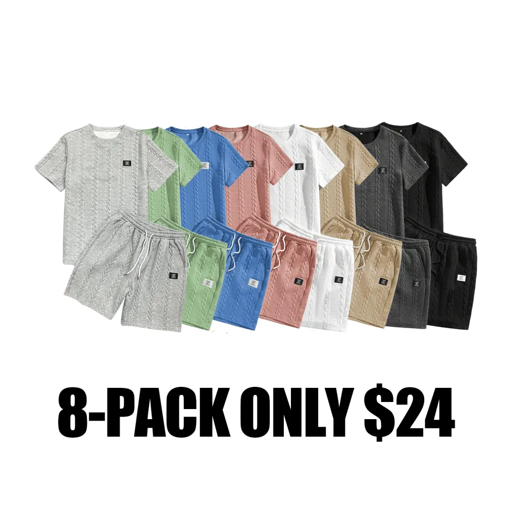 Men's Solid Textured Patched Tee & Drawstring Waist Shorts Set