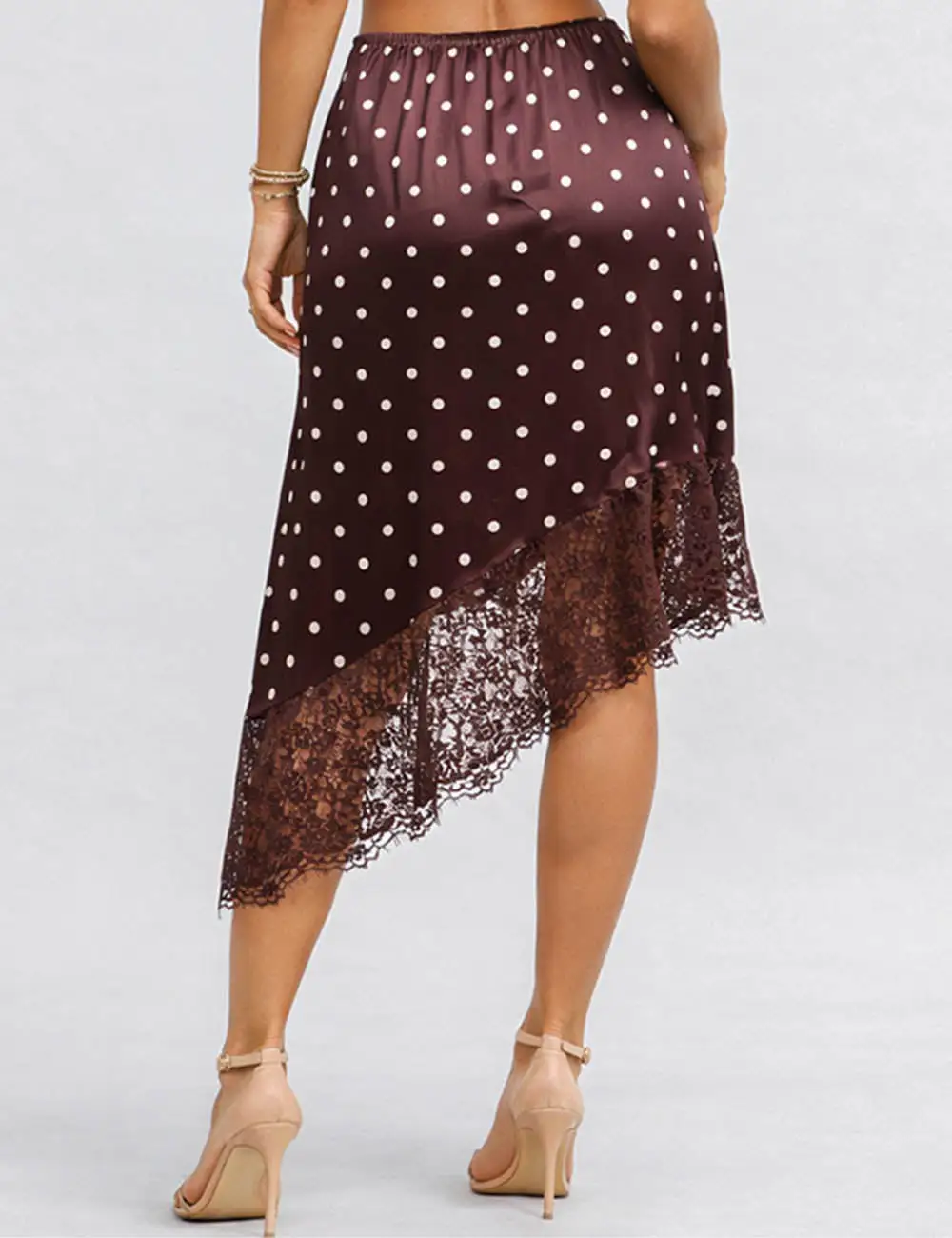 Romantic Polka Dot Satin Irregular Lace Hem Midi Skirt