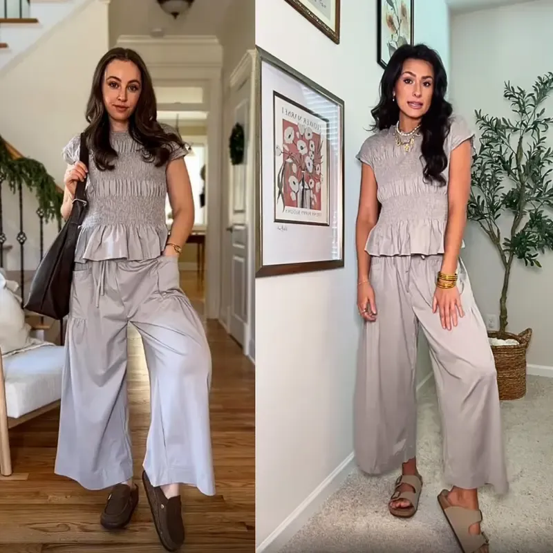 Women's two-piece set: pleated top and wide-leg pants