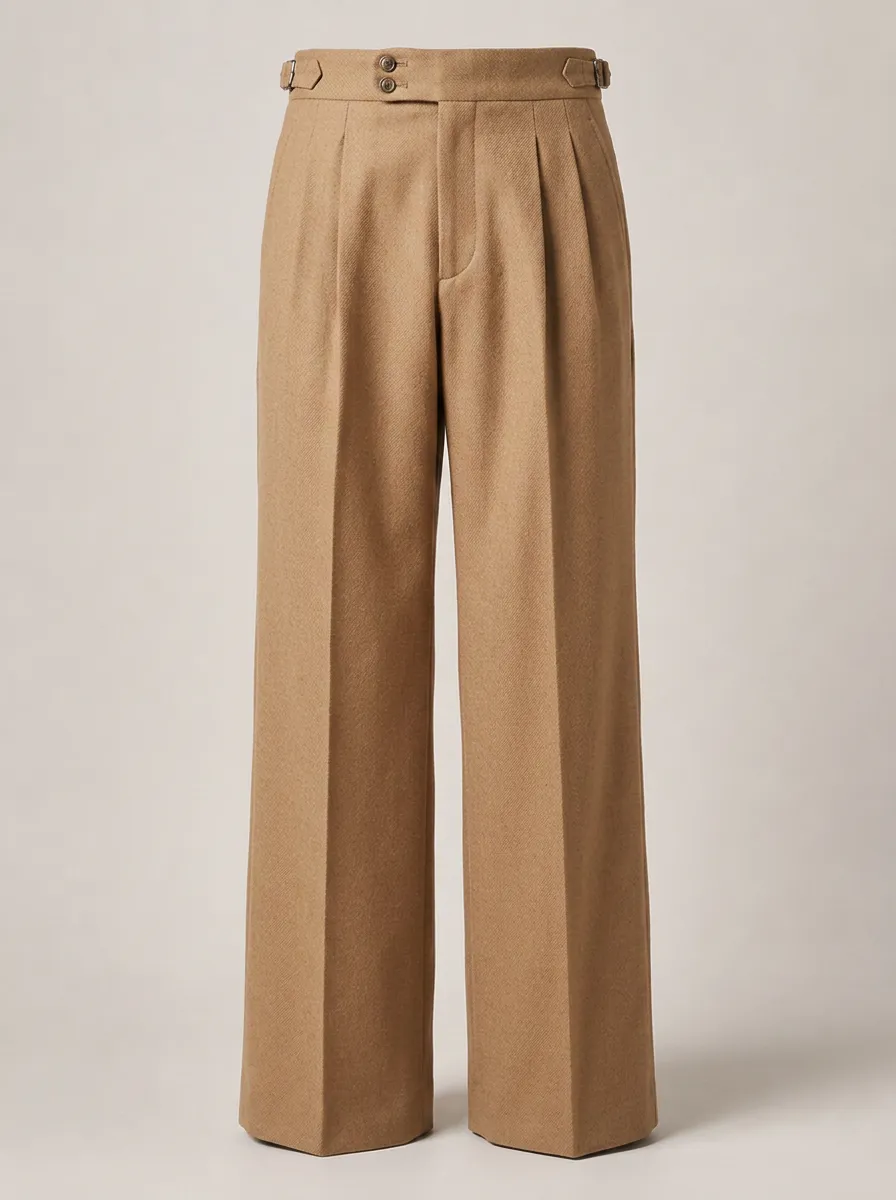 Men's Camel Wool Pleated Side-Adjuster Trousers